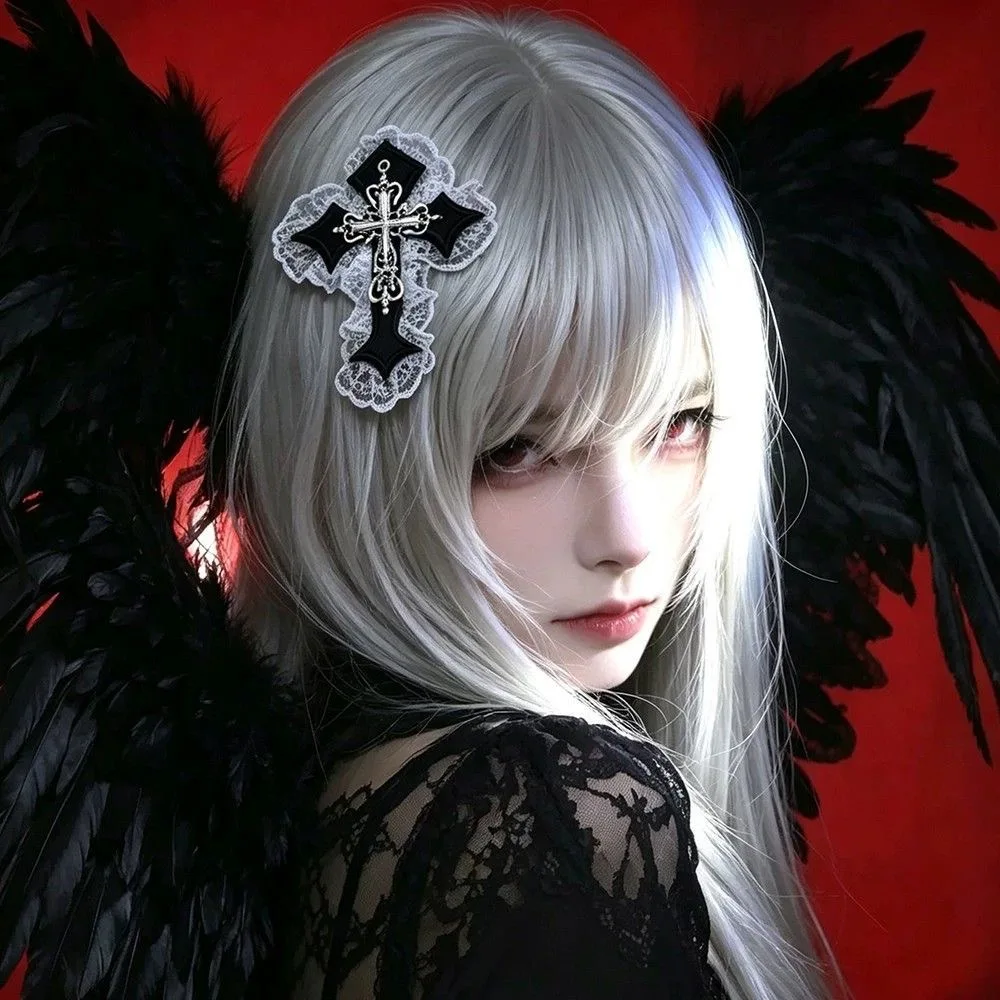 1Pc Women’s Halloween Headwear Harajuku Steampunk Gothic Lace Cross Hair Edge Clip Y2K Lolita Girls Side Clip ​​​​​​​Hairpin