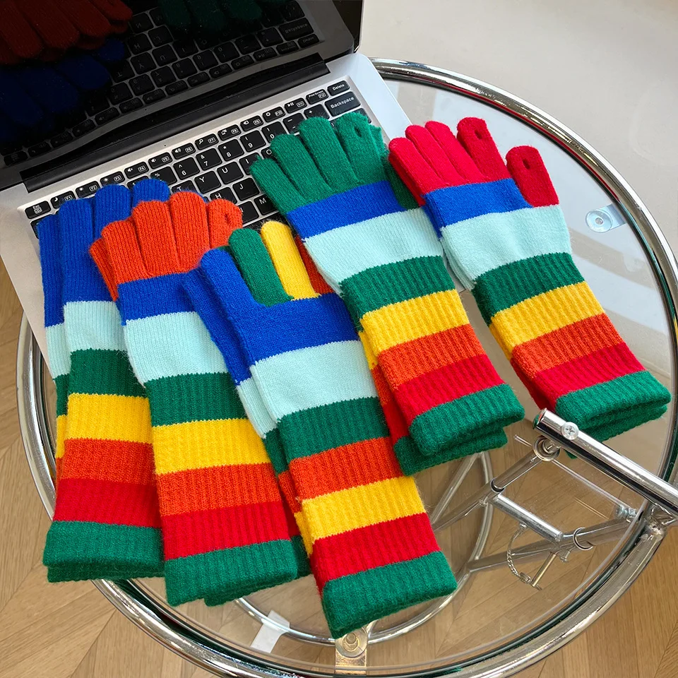 1 Pairs Women's Gloves Korean Rainbow For Girl Fashionable Versatile Knitted Mittens Winter Thickened Warm Open Finger Gloves