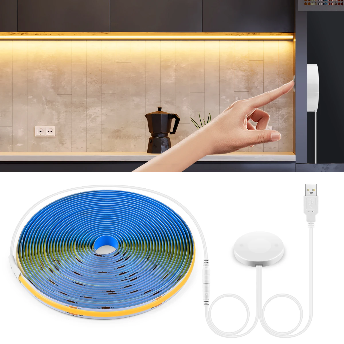 Smart Home Lamp Motion Sensor Hand Scan COB LED Strip Light with Penetrable Wood/Mirror Touch Sensor Dimmer 5V USB LED Tape