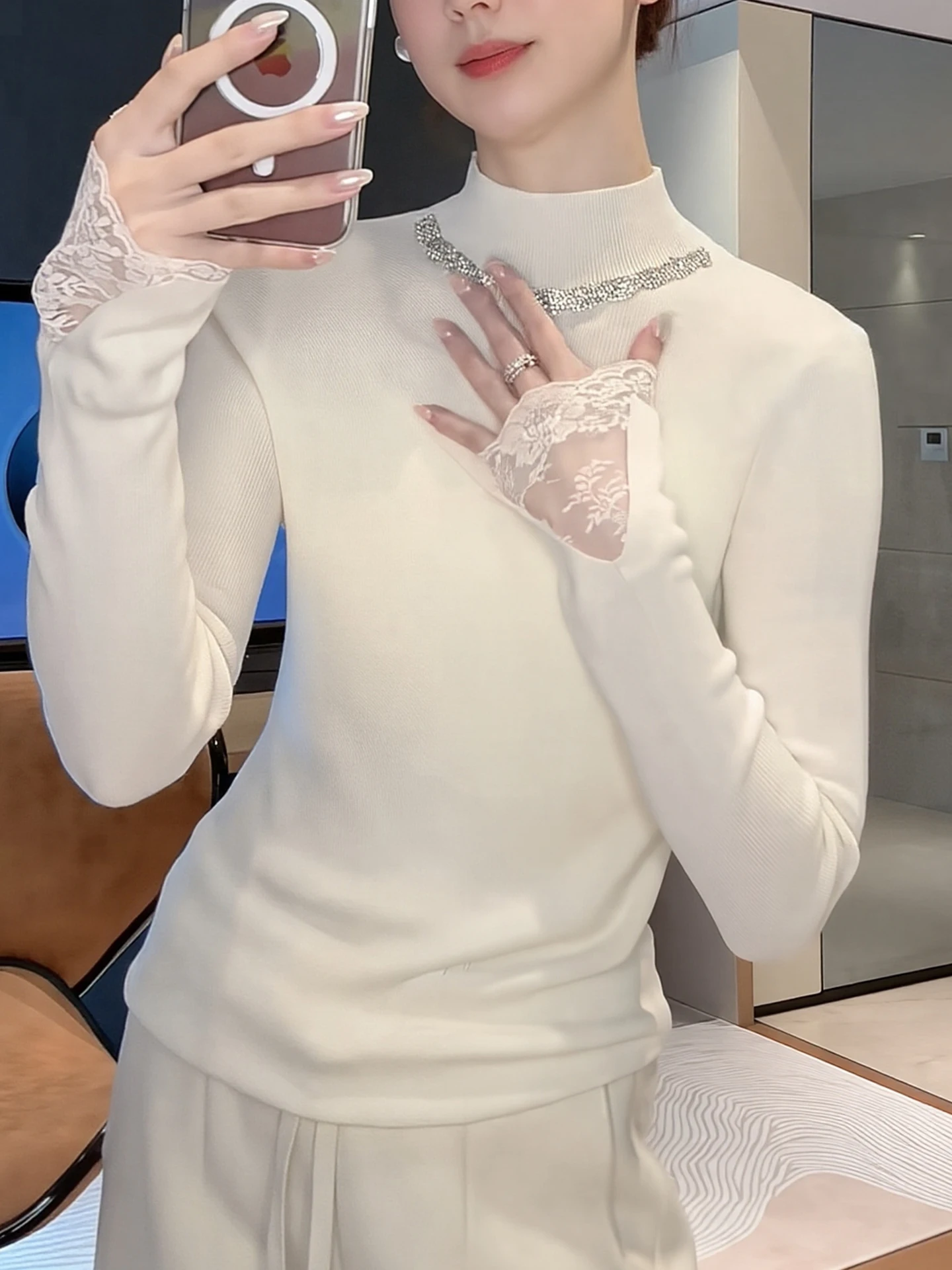 Lace Splice f High Collar Knitted Sweater Long Sve Faionable Winter Inner Wear Top Ele Women's Korean Sle Strai...