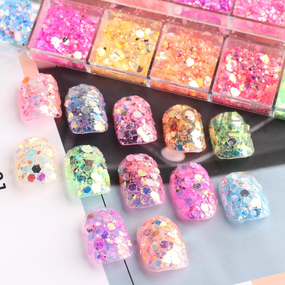 12 Grids Mermaid Crystal Nail Art Sequin Holographic Hexagon Glitter Flakes AB Fluorescence Colors Slice Spangles Manicure Flash