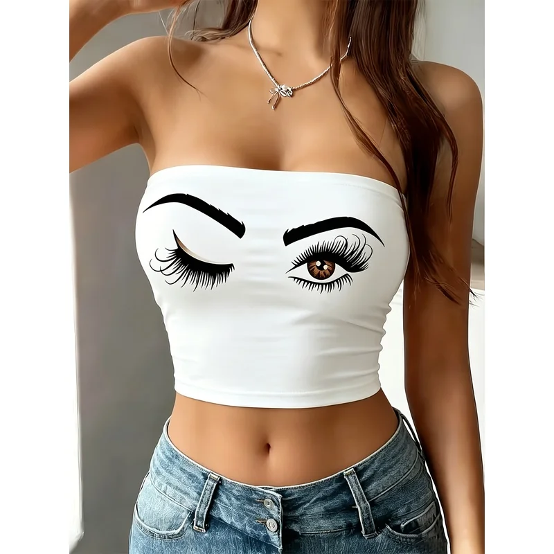 Niche individuality style An asymmetrical, delicate eyebrow and eye pattern printed strapless top，Casual tube top