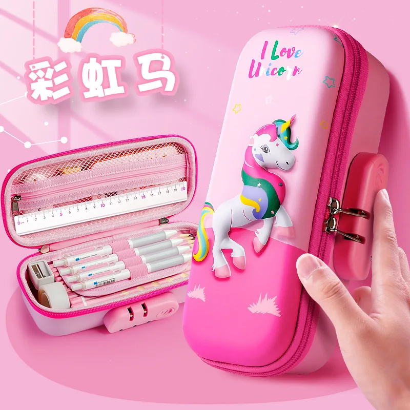 3D EVA Kawaii Pencil Case with Lock Unicorn Organizer Cute Pencil Box Pouch School Bag for Girl Boy Supplies Students Stationery
