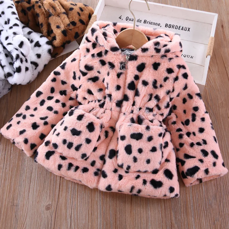 

Winter Plush Imitation Fur Girls Jacket Keeping Warm Leopard Print Hooded Outerwear For 2-8 Years Old Kids Windbreaker Coat