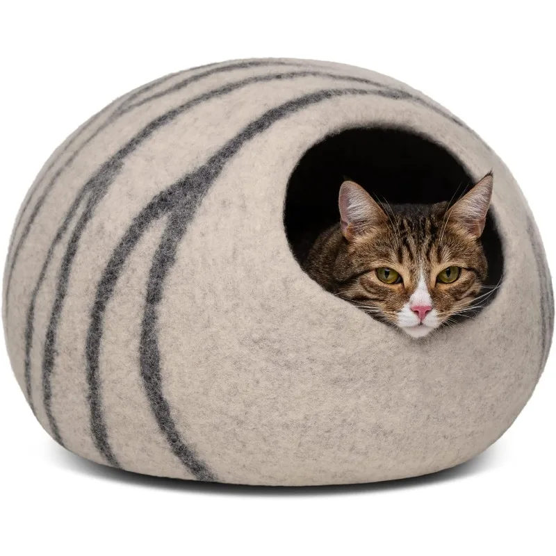 Cat Cave – Premium Felt Cat Bed for Indoor Cats, Handmade 100% Merino Wool (Light Shades) (Medium, Light Grey)