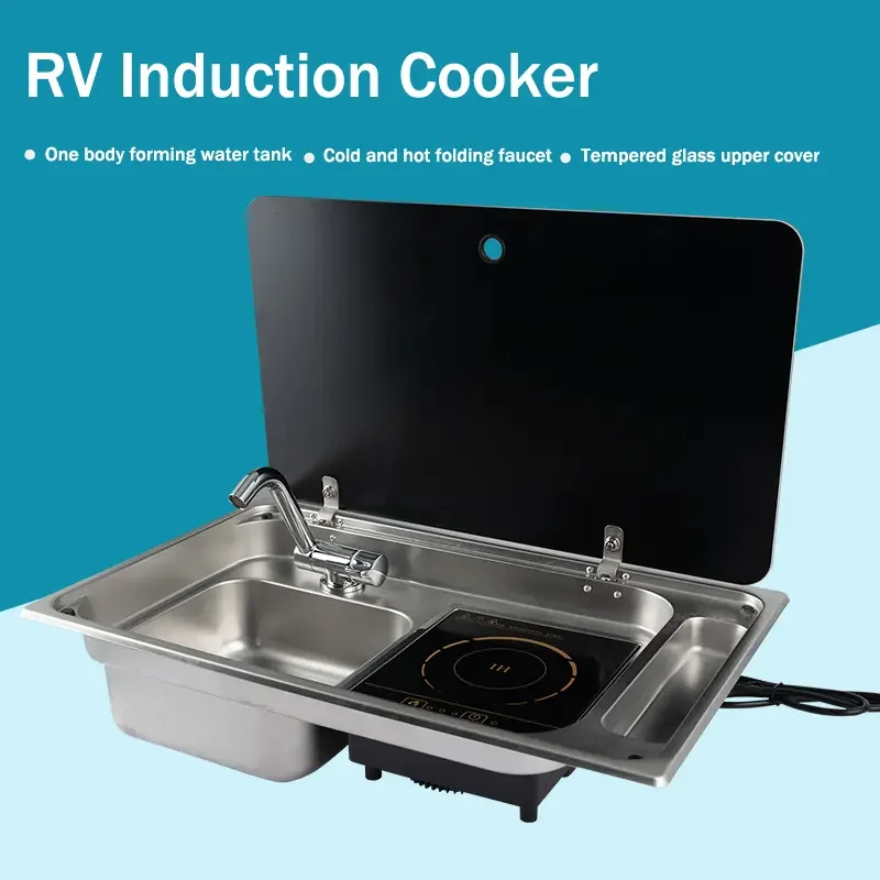RV Stainless Steel Sink and Induction Cooker Combination Unit with Tempered Glass Lid and Hot and Cold Folding Faucet