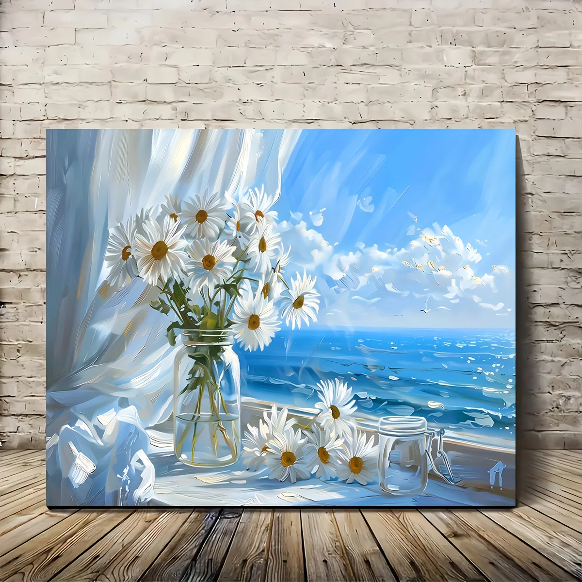 Pósteres impresos artísticos de pared en lienzo con flores de margaritas blancas de paisaje marino, pintura decorativa de la costa del océano sin marco para sala de estar moderna