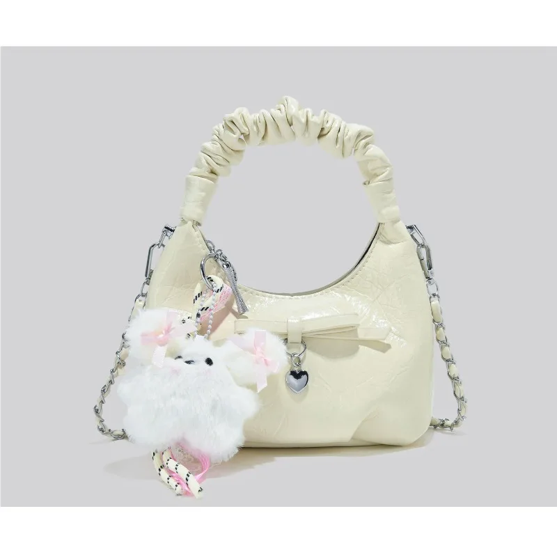 2026 New CEEKAY Cloud Bag, Glossy Ruched Leather Shoulder Bag, Cute Plush Pendant Handbag for Women Handbags Tote Bag