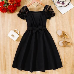 Summer Girl's New Cute Cool And Breathable Mesh Short Sleeved One Shoulder Belt Decorative Dress For Casual Birthday Parties