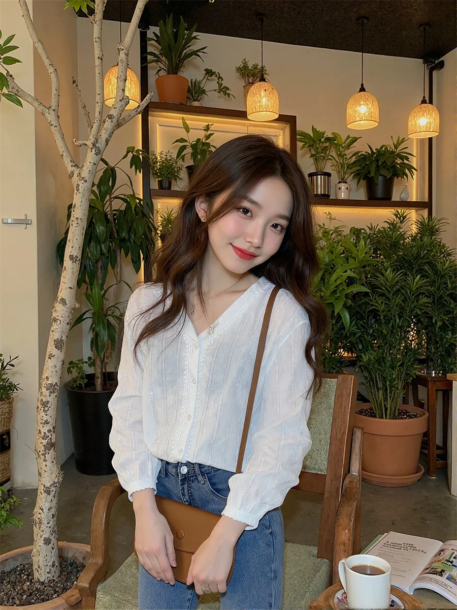 

Long Lantern Sleeve Women Elegant Shirts Pearls Beading O Neck Round Collar Button Front Simple Basic Minimalist Fashion Casual