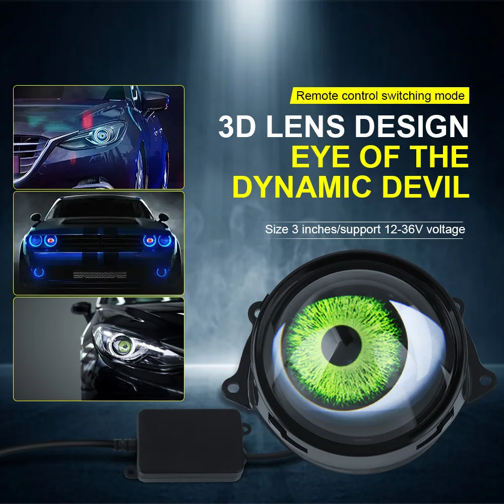 LED Car Dynamic Devil Eye Large Light 3-inch 33 Mode 3D Lens Dynamic Pupils Headlight Car Light Remote  Modification Eagle Eye