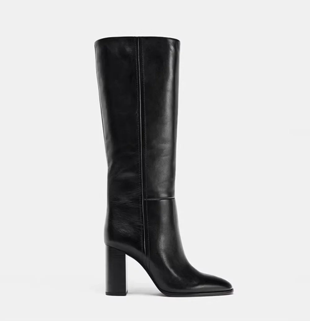 

Вечные минималистичные черные кожаные сапоги до колена: новые осенне-зимние женские высокие кожаные ботинки на массивном каблуке с круглым носком