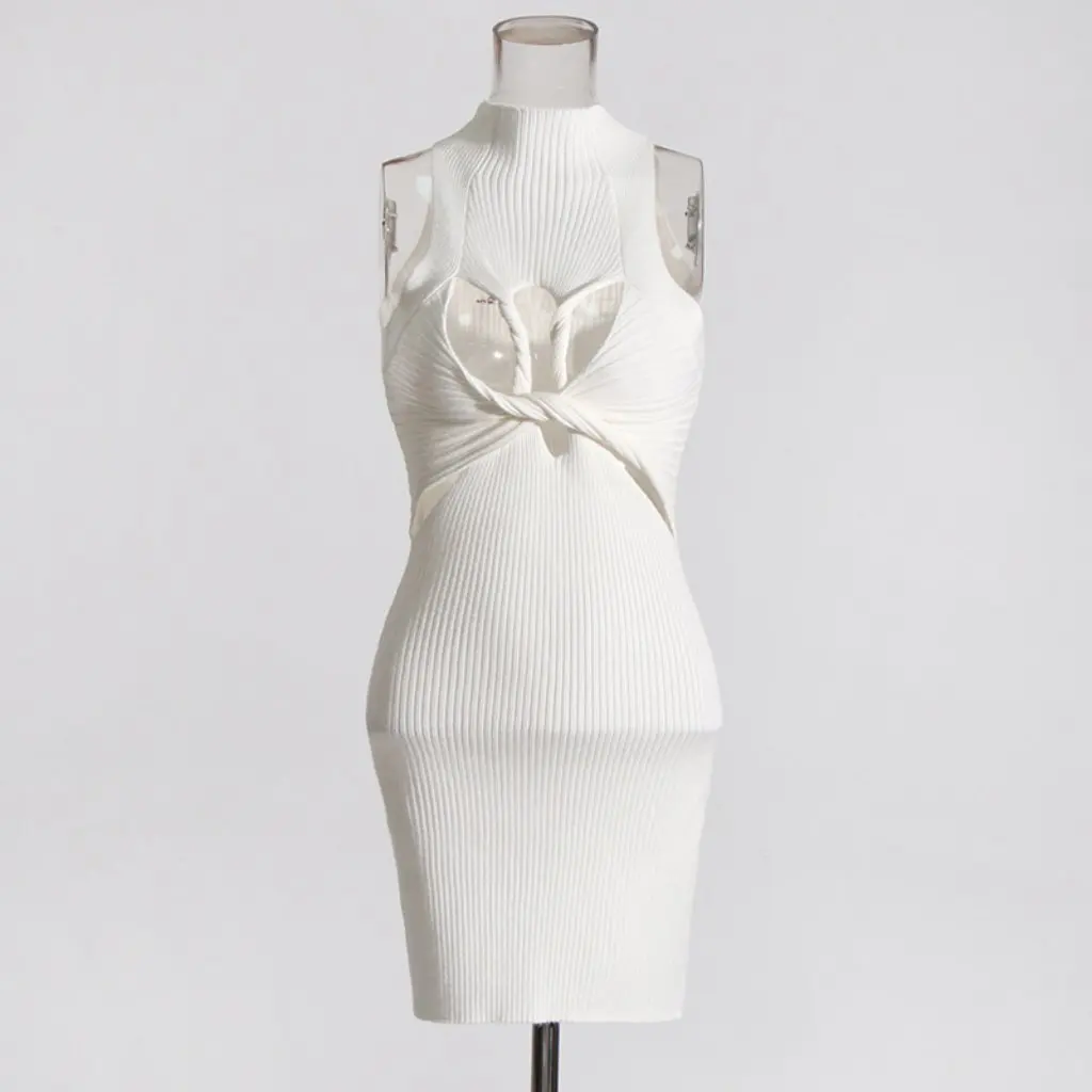 Women's Sleeveless Knitted Dress European American Style Hollow Twist Slimming Design Hot Girl Temperament Dress