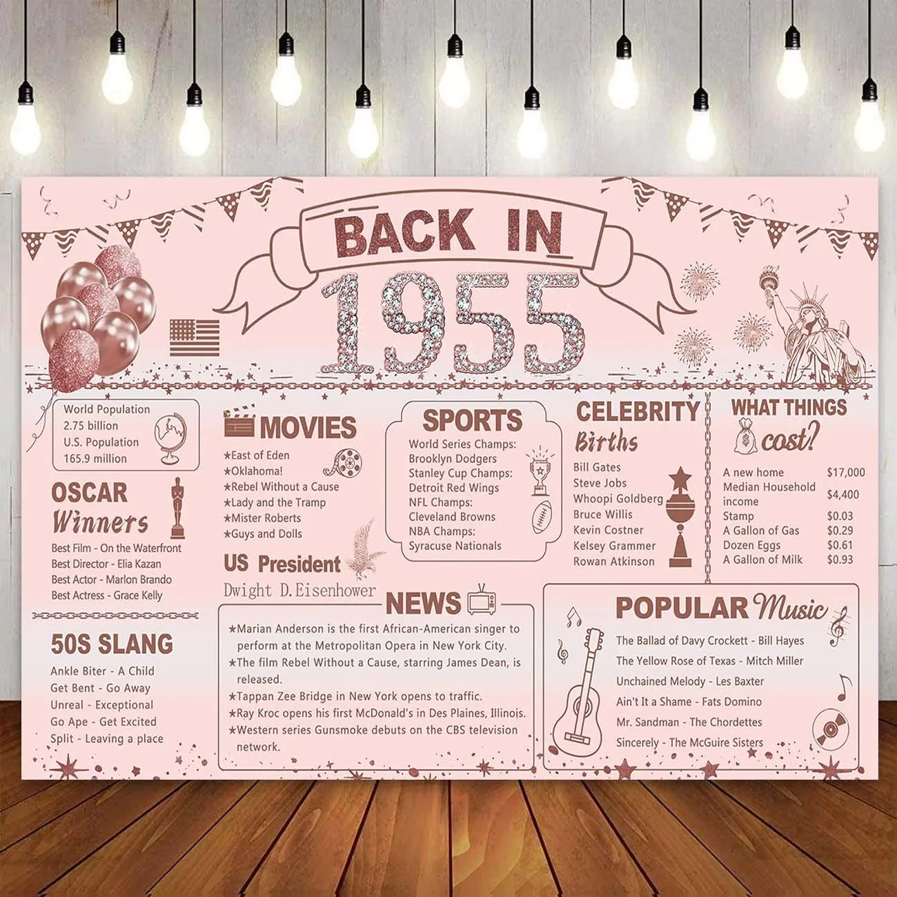 Back in 1955 Backdrop 70th Birthday Party Decor Banner Poster Blue Pink Purple Black Gold Background for Women Men 70 Years Old