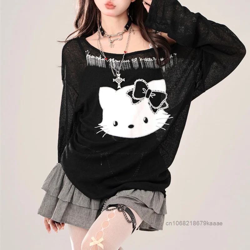 Sanrio Hello Kitty American Style Gray Long Sleeved T-shirt Women\'s Summer Loose Y2k Spicy Girl Off Shoulder Fake Two Piece Top