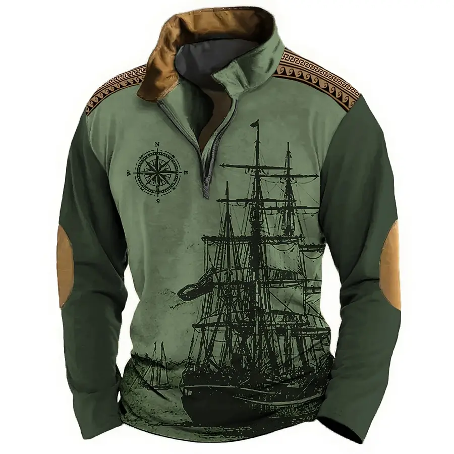 Navigation Abenteuer Vintage Mode männer Kleidung Casual Half Zip Langarm Sweatshirts Herbst Straße Trend Stehkragen Tops