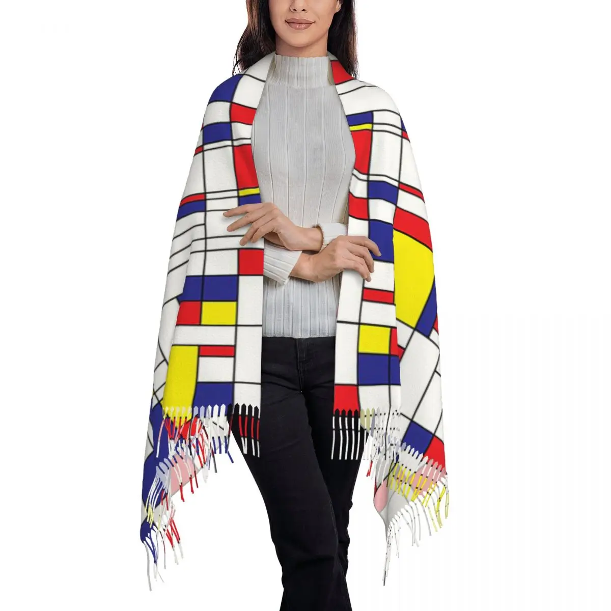 Mondrian Minimalist De Stijl Modern Scarf Tassel Scarves Women Soft Warm Shawls and Wraps Long Fall Winter Shawl Wrap