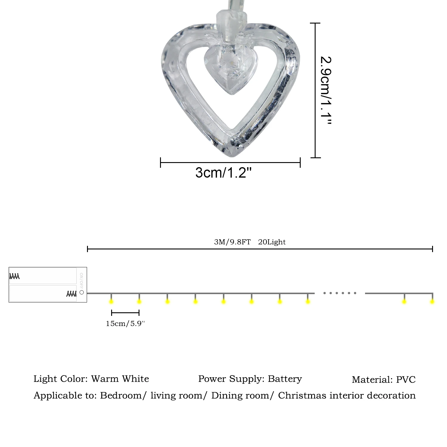 3m 20led Sweet Heart Light String Love Fairy String Lights Battery Powered For Wedding Valentine's Day Christmas Garland Decor