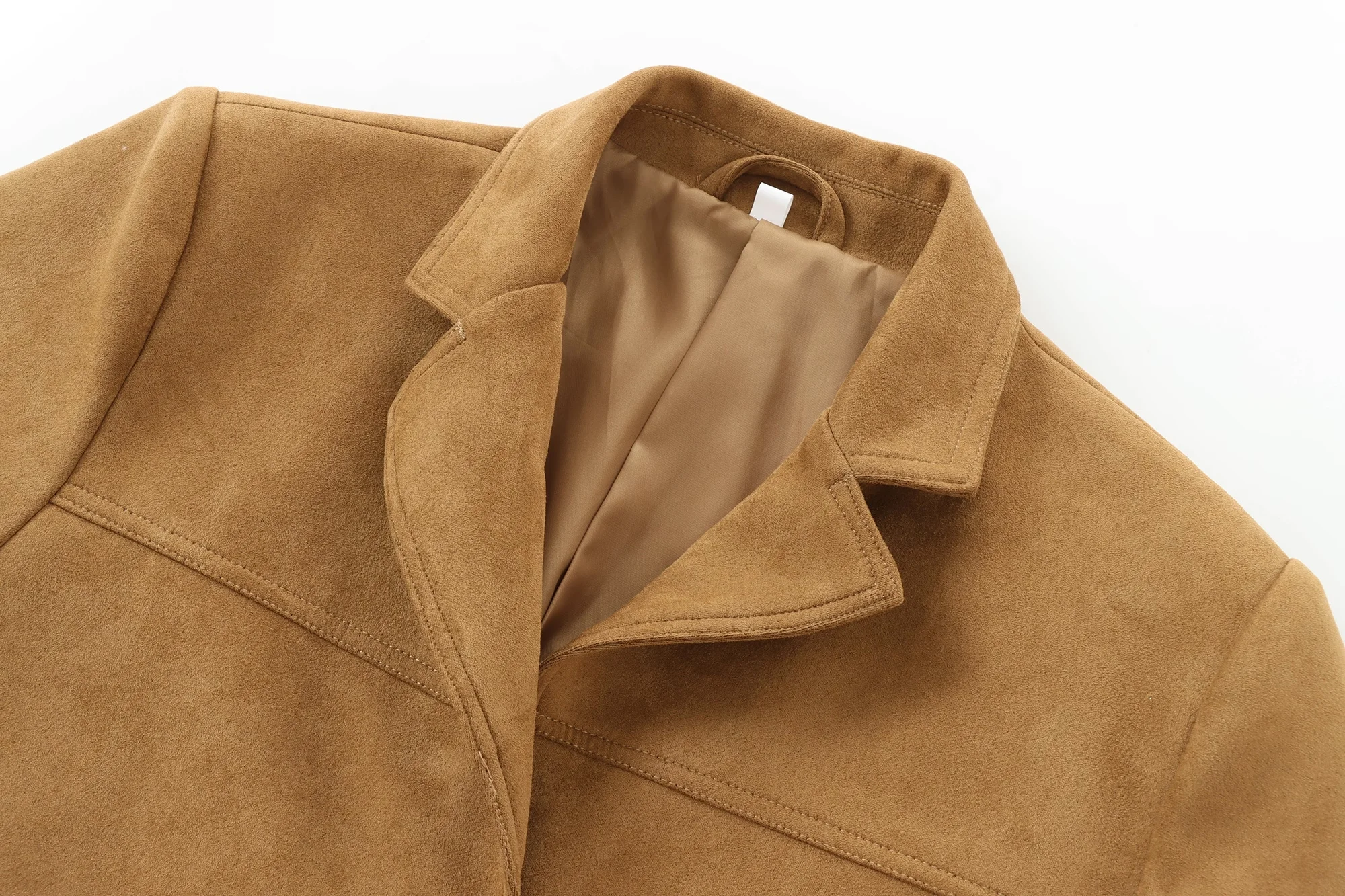 Tangada 2024 Women Khaki Suede Jacket Long Sleeve Female Coat Outwear PS083