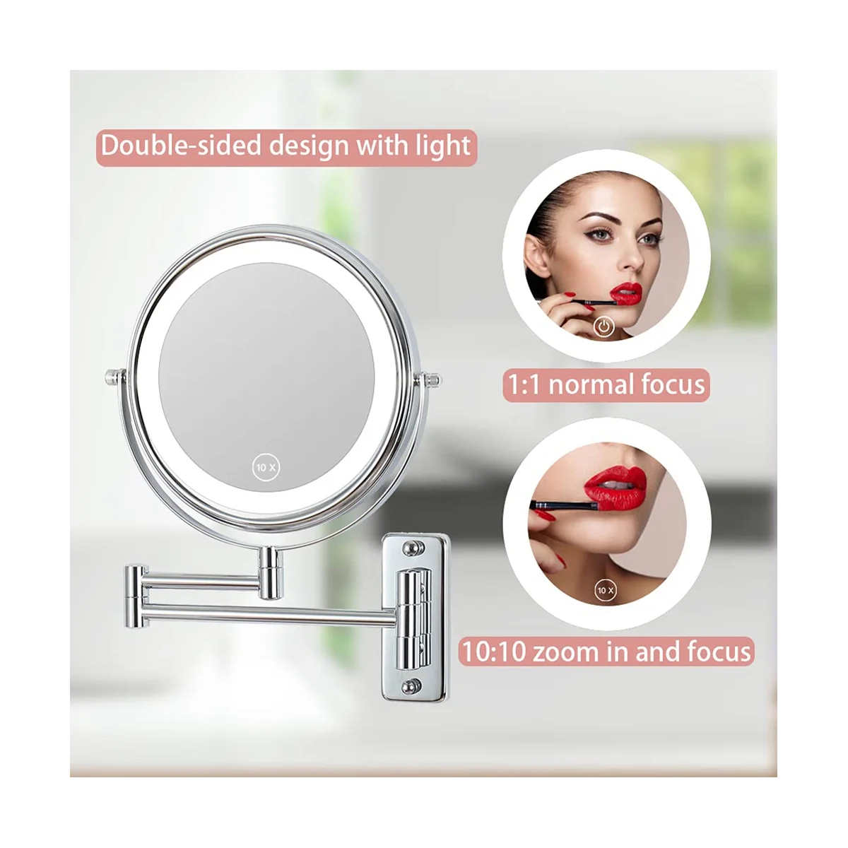 Wall Mounted Vanity Mirror 1/10X Magnifier 8 Inch Swivel with Extension Arm Lamp Vanity&Bathroom Mirror with 3 Color Tem