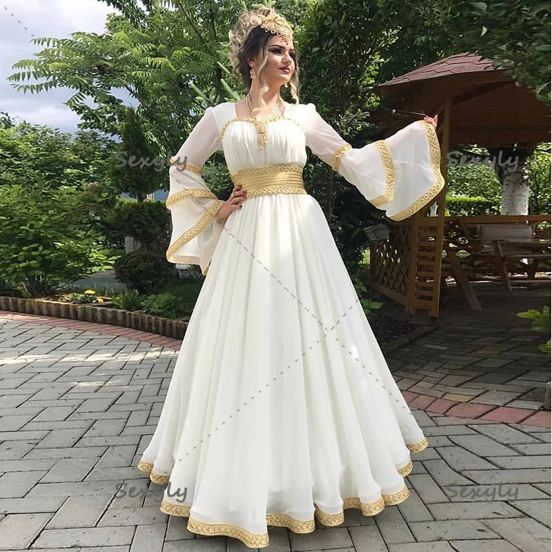 Dubai Trắng Kosovo Buổi Tối Ăn Mặc Mặc Sexy Một Dòng Dài Tay Áo Arabic Moroccan Kaftan Prom Dress 2022 Robe De Dạ Hội de Mariage