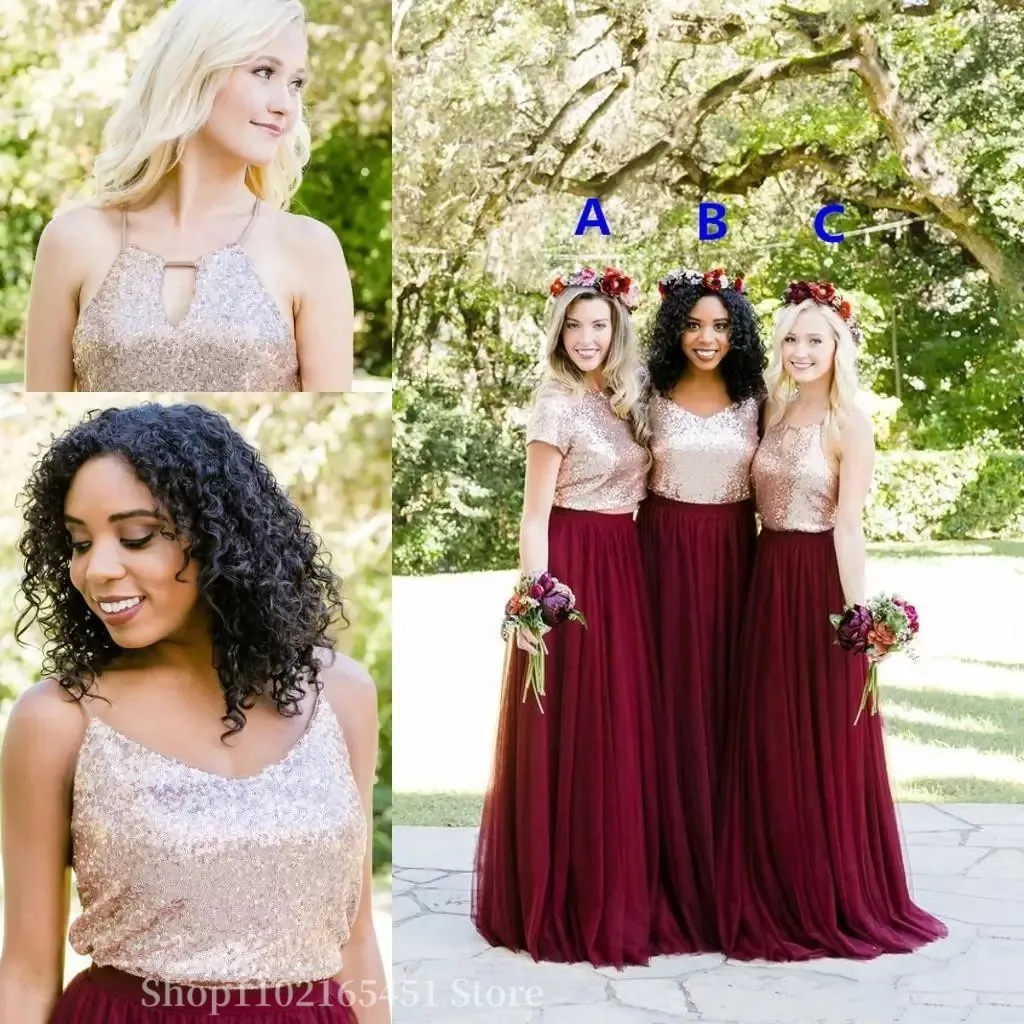 

Rose Gold Sequins Burgundy Country Two Pieces Bridesmaid Dresses Mix Style Long Junior Wedding Party Guest Bridesmaids Dresses