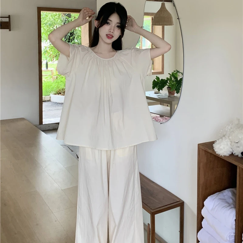 Solid Soft Spring Pajamas Set Short Sleeve Shirts + Trousers Cotton Casual Sleepwear Thin Elegant Home Suit Pleated Ruffles