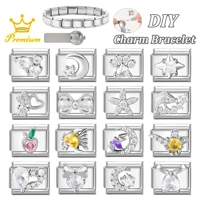 Y2K Zircon Butterfly Bow Knot Flowers Italian Charm Links Fit 9mm Stainless Steel Bracelet Fashion omen Men DIY Making Gifts