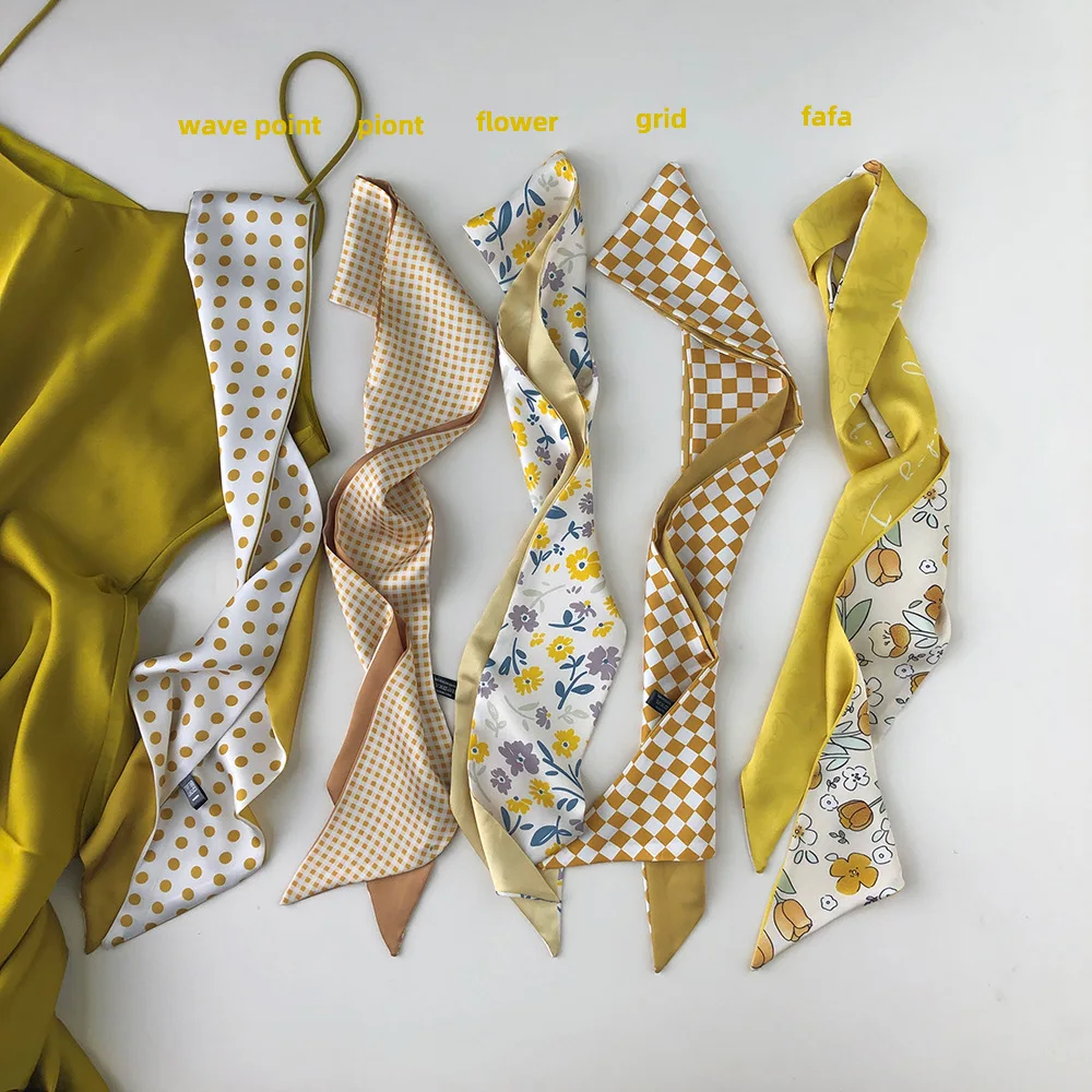 Luna&Dolphin Women Skinny Scarf Yellow Checkerboard Plaid Flower Printed Chiffon Silky Headbands Bandana Hair Ribbon Bag Tie