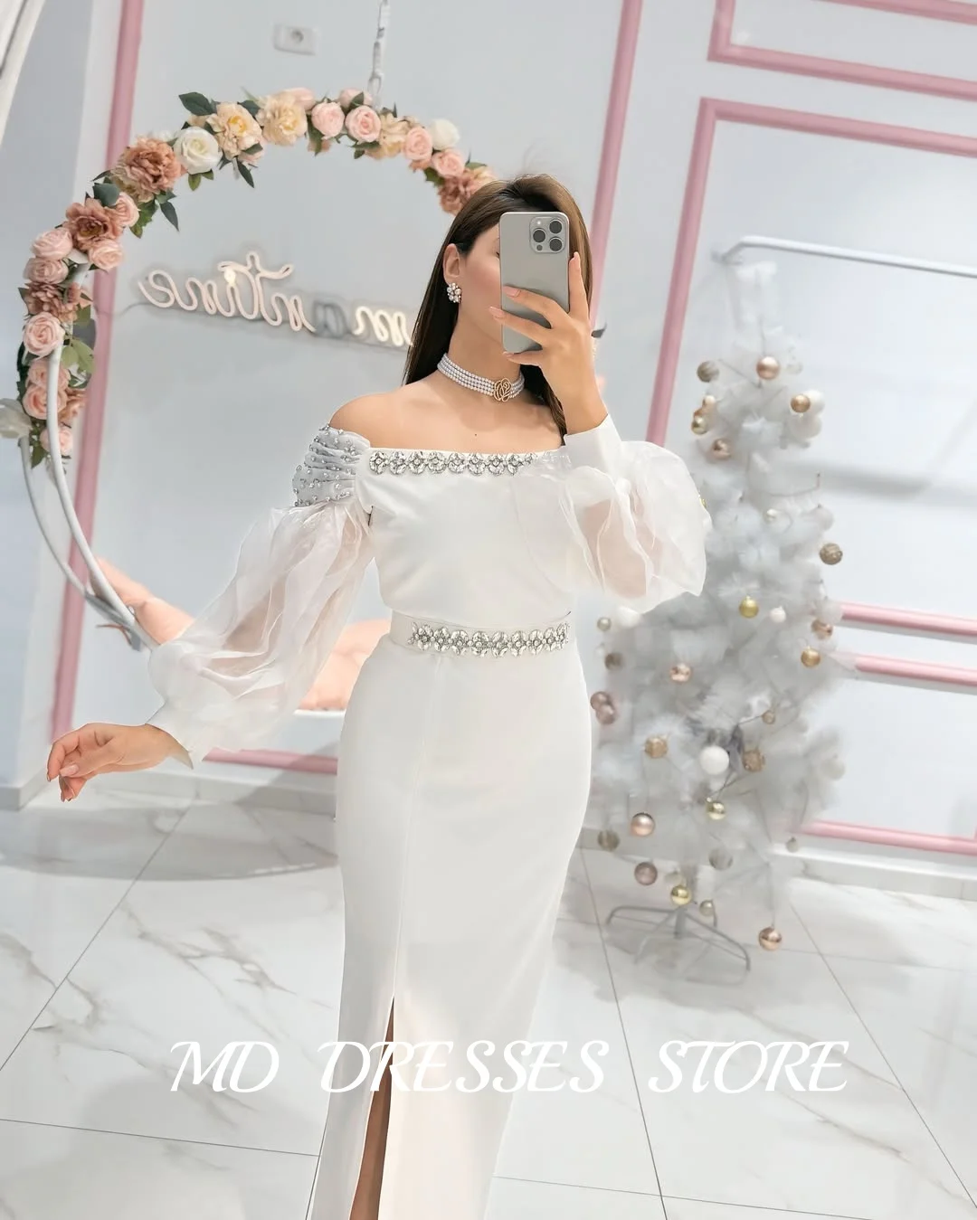 MD Modern White Mermaid Wedding Dress Puff Sleeves Satin Vintage Side Slit Arabic Evening Gowns vestidos de fiesta Customized