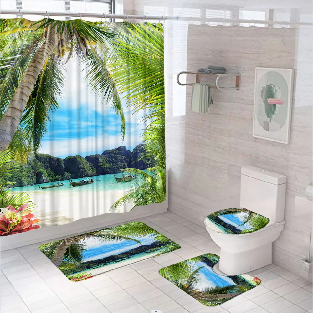 

Tropical Beach Ocean Shower Curtain Set Seaside Island Palm Tree Blue Sea Boat Bathroom Decor Bath Mat U-Shaped Rug Toilet Cover