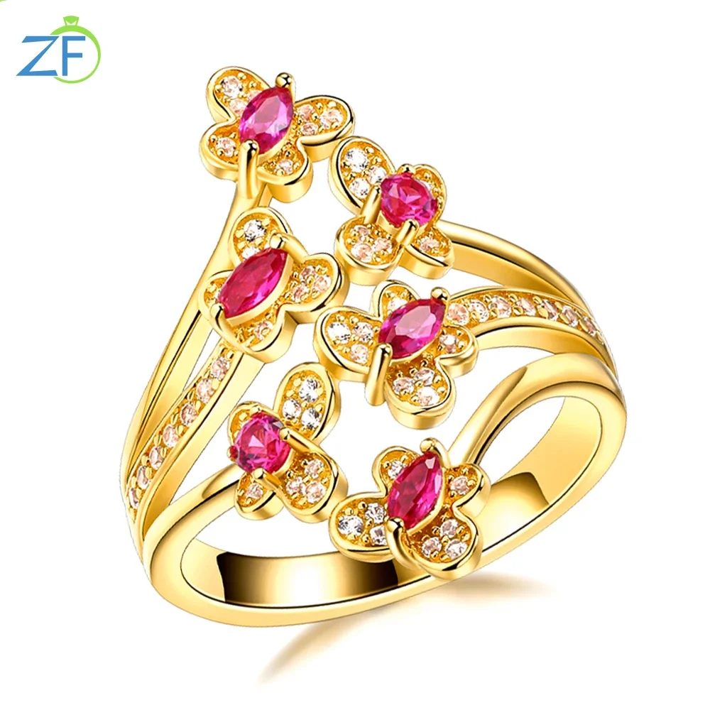 

GZ ZONGFA 925 Sterling Silver Created Ruby Little Butterfly Design Finger Ring For Women 14k Gold Plated Fine Jewelry Party Gift