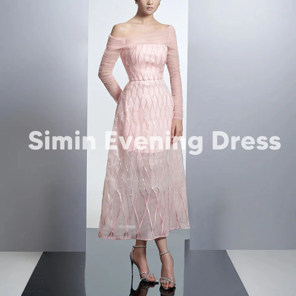 Simin Women's Sparkly Lace A Line Boat-neck Saudi Evening Dresses With Long Sleeves Tea-Length Formal Elegant Dresses 2025