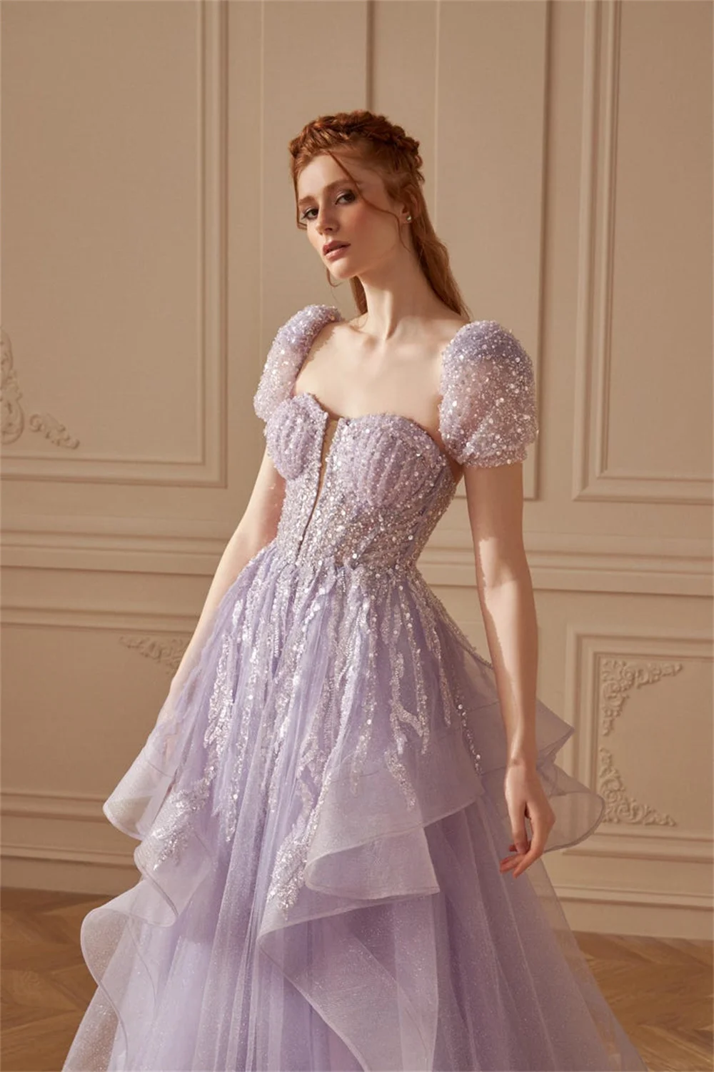 Cathy personalizado roxo a linha brilhante lantejoulas vestidos de baile gola quadrada glitter vestidos de noiva até o chão noite formal