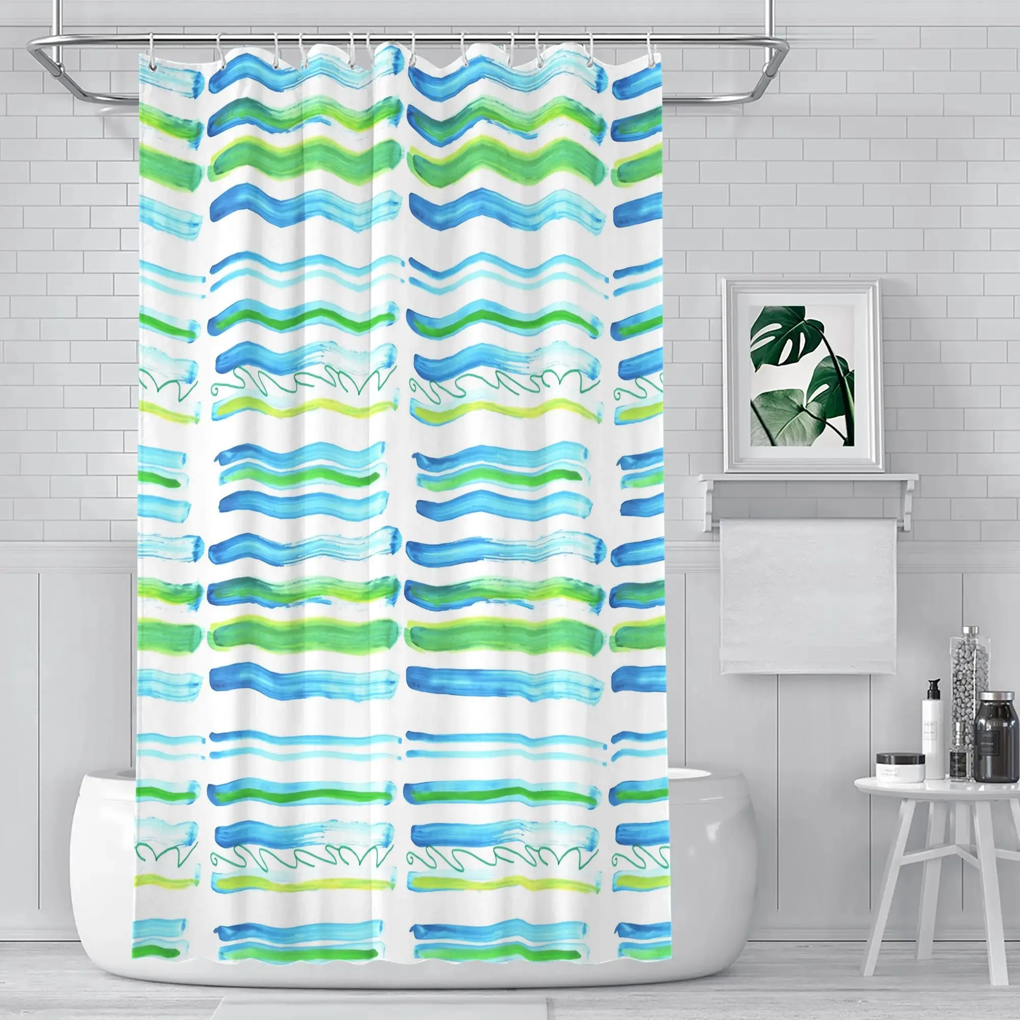 Abstract Watercolor Wavy Stripe Shower Curtain Blue Green Aqua Tropical Boho Bathroom Decor Waterproof Shower Curtain 90x180cm