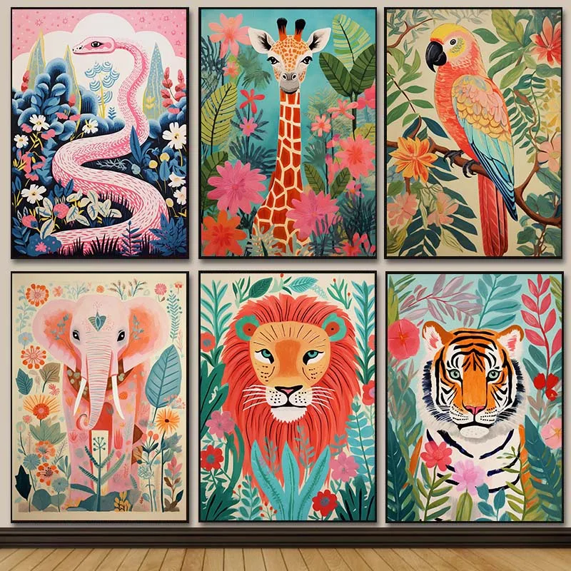 Pastel Botanical Jungle Animal Poster Giraffe Elephant Lion Parrot Snake Tiger Print Wall Art Picture Canvas Painting Home De