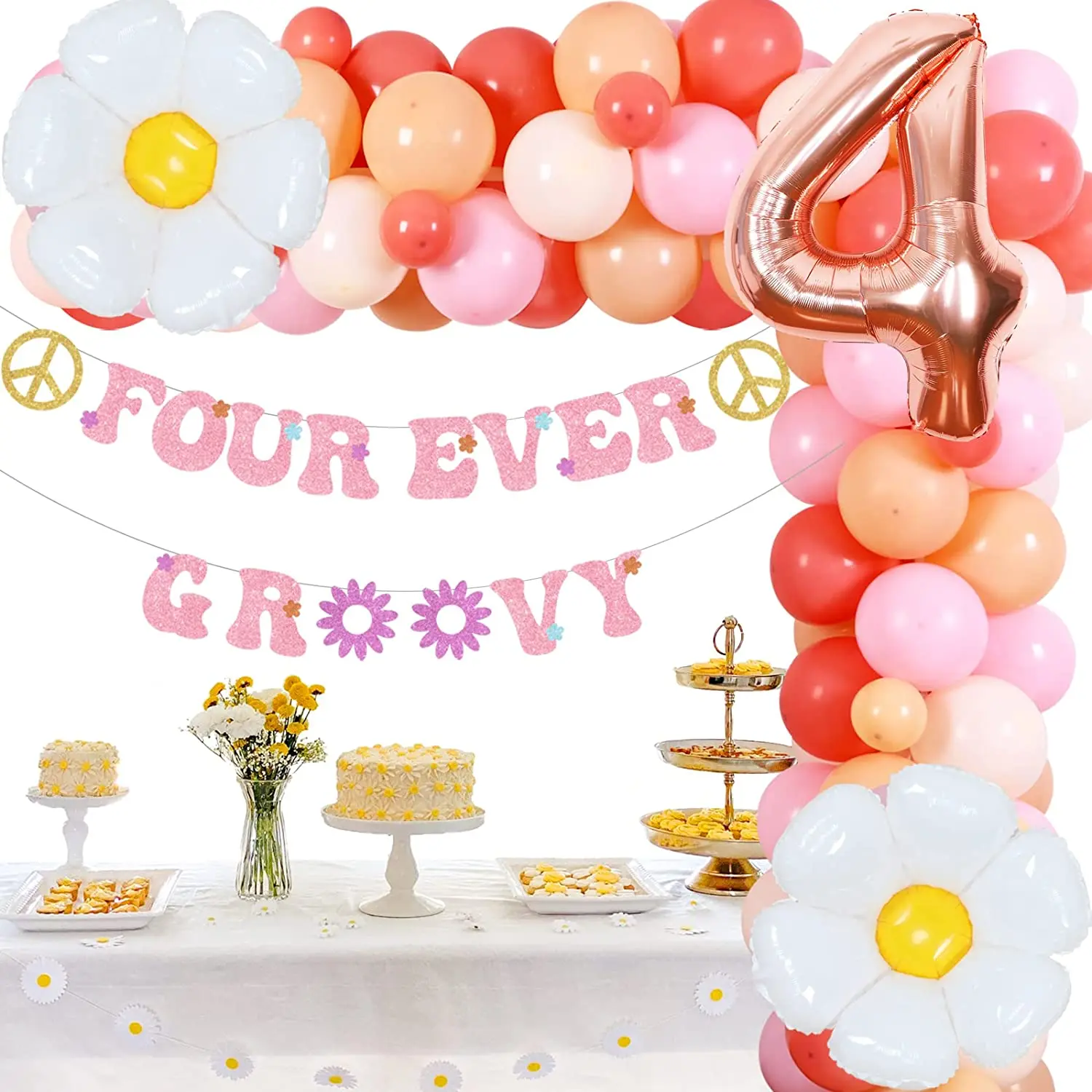 

Groovy 4th Birthday Decor Boho Balloon Garland Arch Kit with Four Ever Groovy Banner for Girls Hippie Birthday Party Supplies