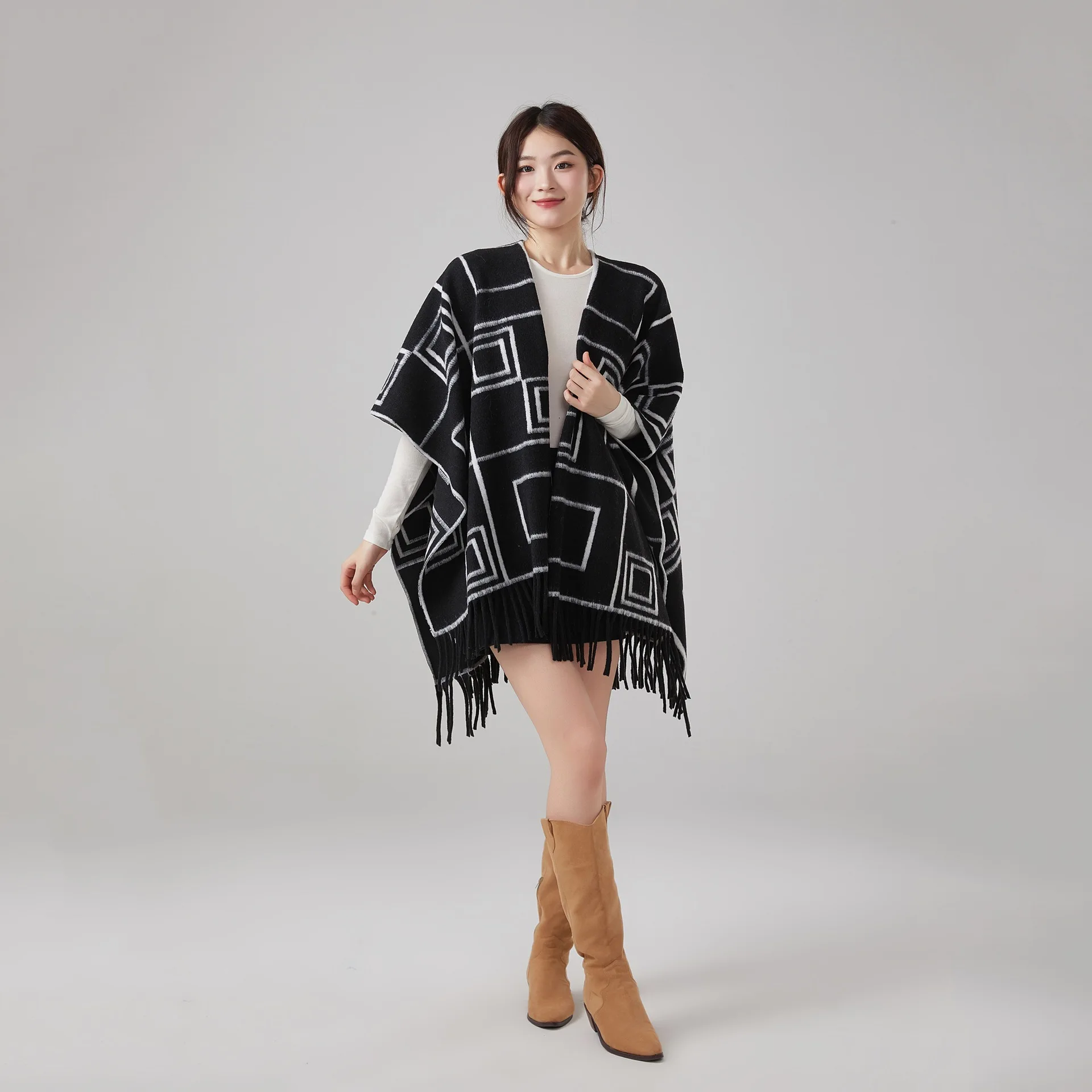 알파카 울 같은 태슬 양면 랩 스커트 여성용 가을/겨울 패션 럭셔리 여행용 따뜻한 외투 케이프 코트