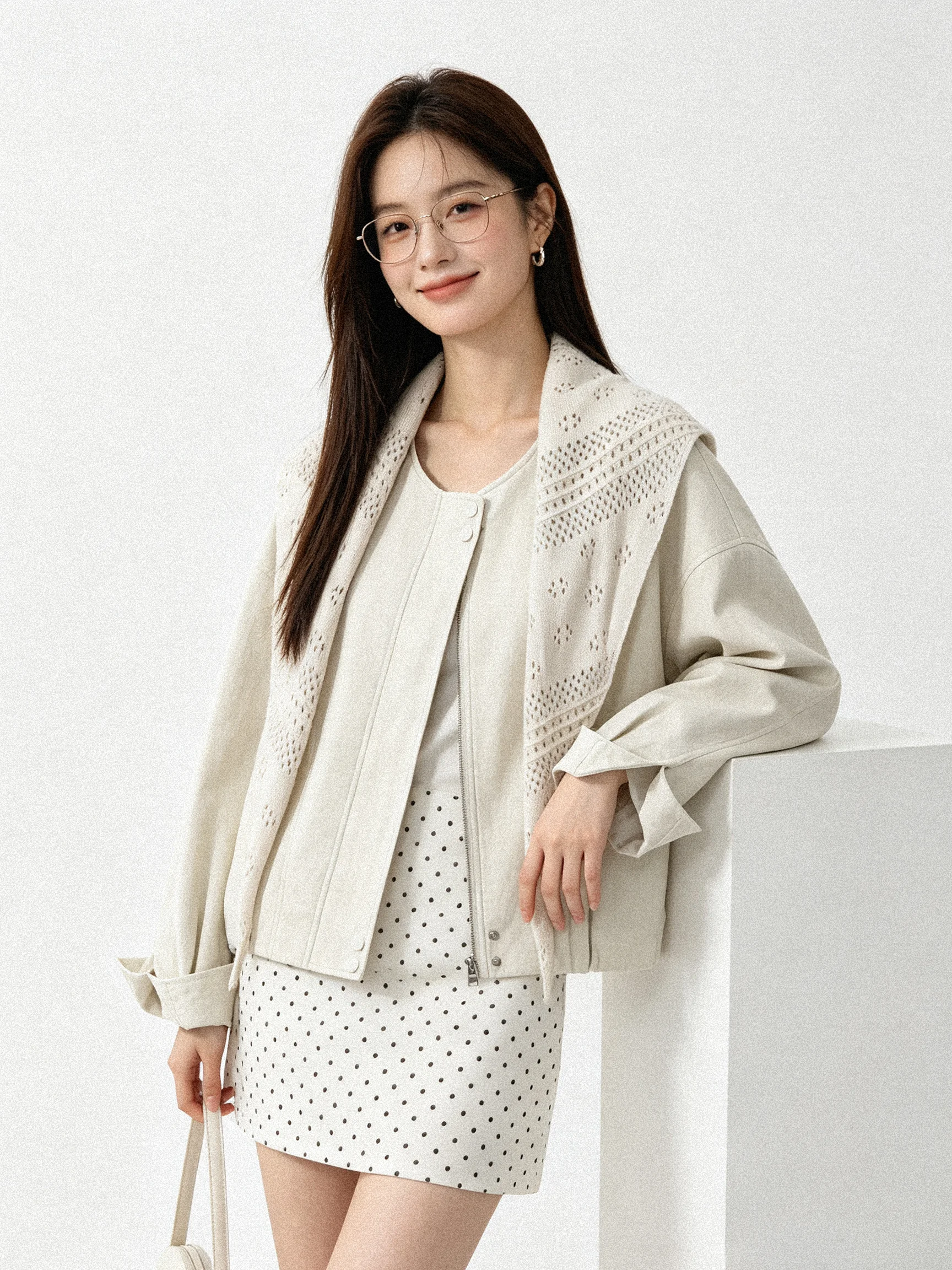 Casual Versatile Short round Neck Hollow out Leather Jacket Shoulder Wrap Loose Fit Korean Style Women's Fashion Outerwear