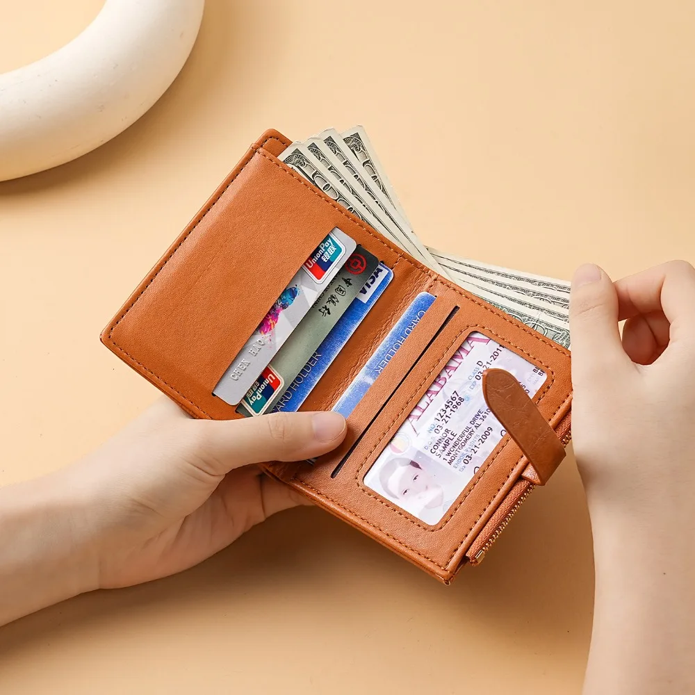PU Leather Short Foldable Wallet for Women, Large Capacity Multi-Slot Coin Card Holder, Light Luxury Red Brown Clutch Purse
