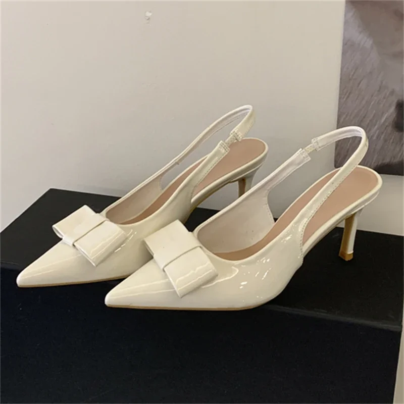 

Women's Pointed Toe Patent Leather Bow Decor Slingback Thin Stiletto Heel Pumps Elegant Wedding Casual Footwear Drop Shipping