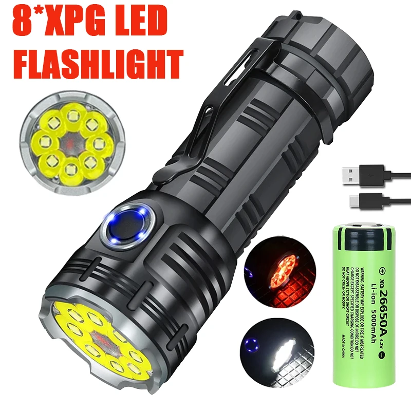 

8 LED EDC Protable Flashlight High Power Mini Rechargeable Torch with 26650 Battery Tail Magnet Outdoor Camping Fishing Lantern