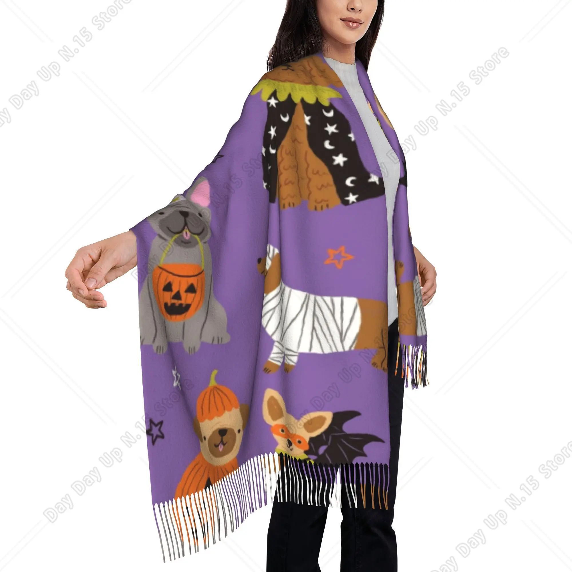 Dogs in Halloween Costumes Pattern Printed Faux Tassel Scarf Elegant Winter Shawl Wrap Outdoor Travel Accessory