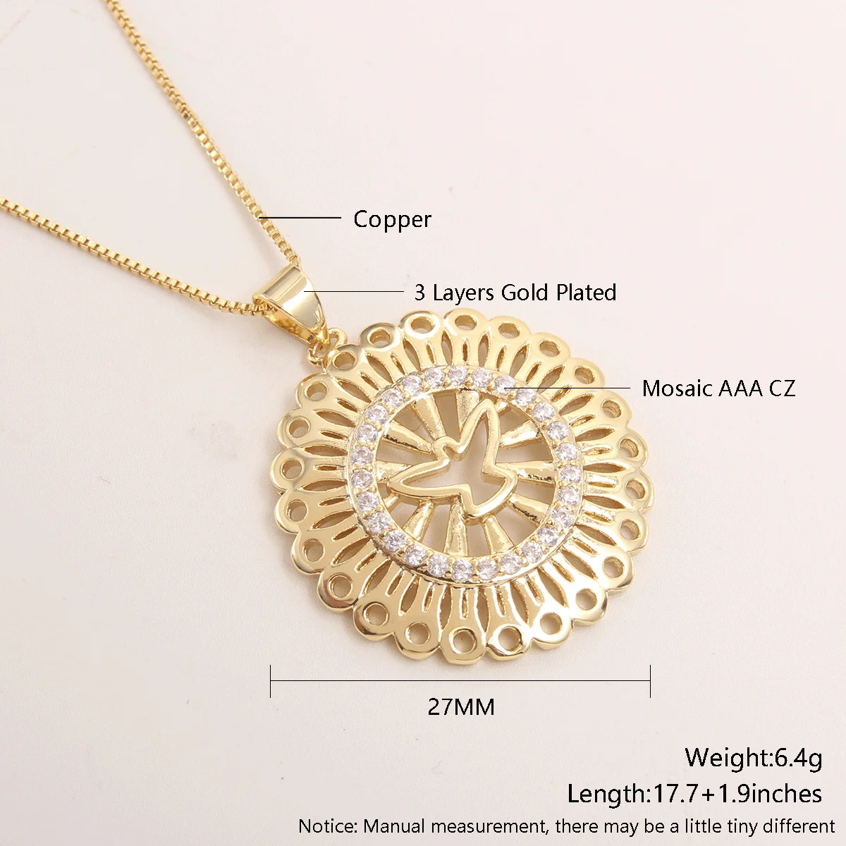 MHS.SUN Halskette mit religiösem Heiliger-Geist-Vogel-Anhänger, rund, hohl, Mosaik, kubischer Zirkon, Halsketten für Damen und Herren, zarter Schmuck – Detail 12