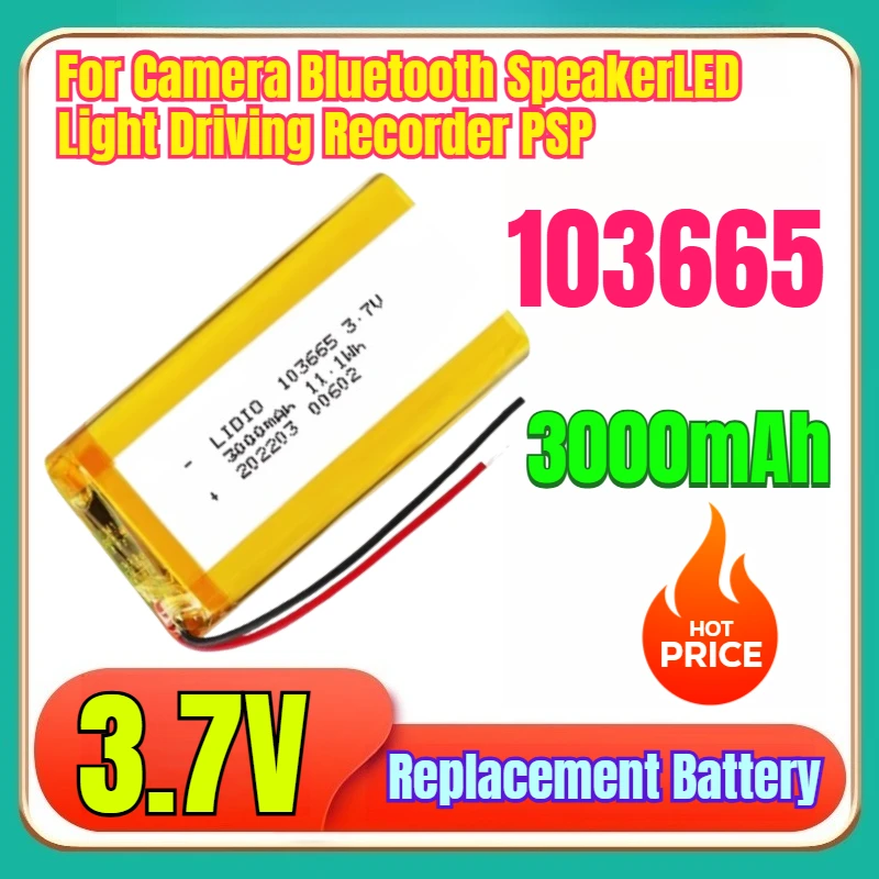 3.7 فولت 3000 مللي أمبير بطارية قابلة للشحن 103665 نظام تحديد المواقع بوليمر بطارية ليثيوم للكاميرا سمّاعات بلوتوث مصباح ليد مسجل قيادة PSP