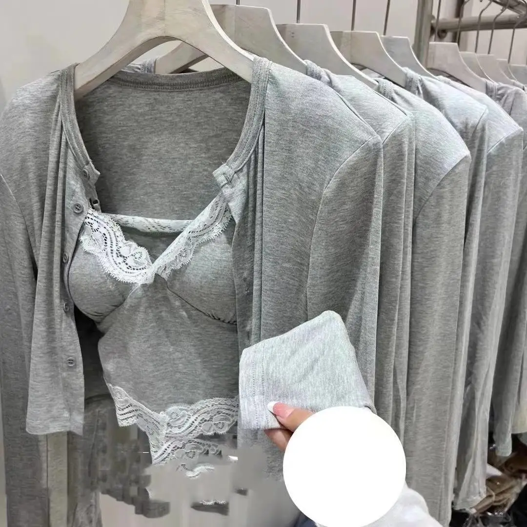 

Korean Style Summer New Arrival Lace Trim Camisole Vest Thin Cardigan Two Piece Set Women's Padded Chest Pad Backless Design