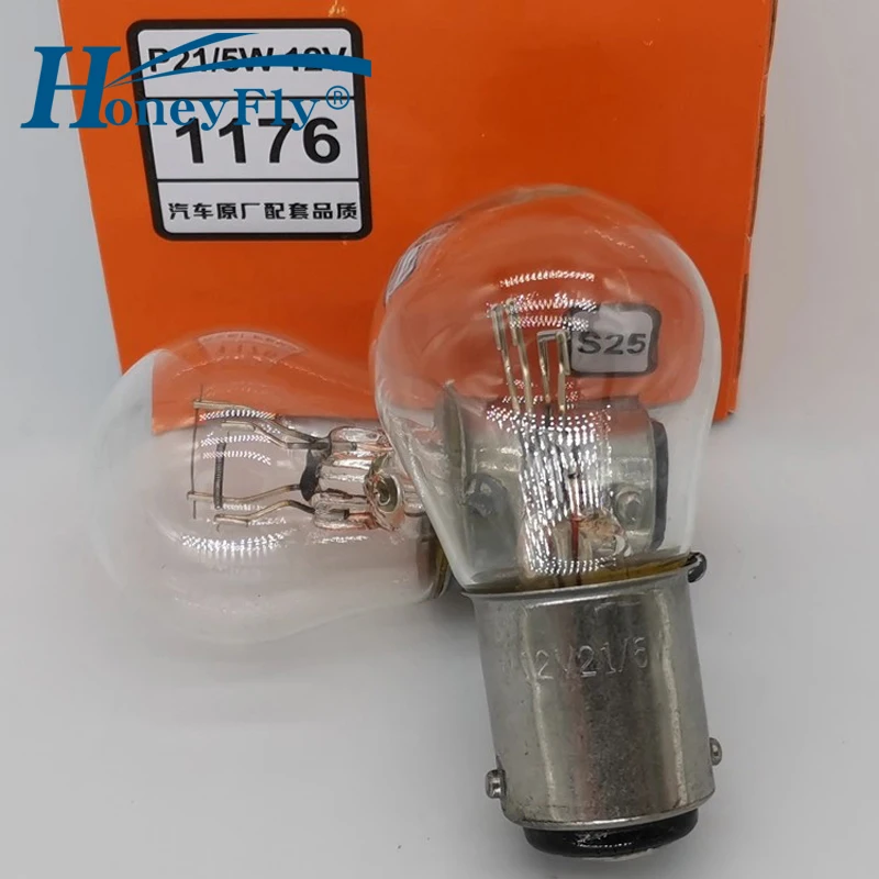 HoneyFly 10pcs BA15D Turn Signal Lamp Bulb 12V 24V P21/5W S25*48mm 1176 2410 Clear Machine Tool B15S Wire Lighting Car