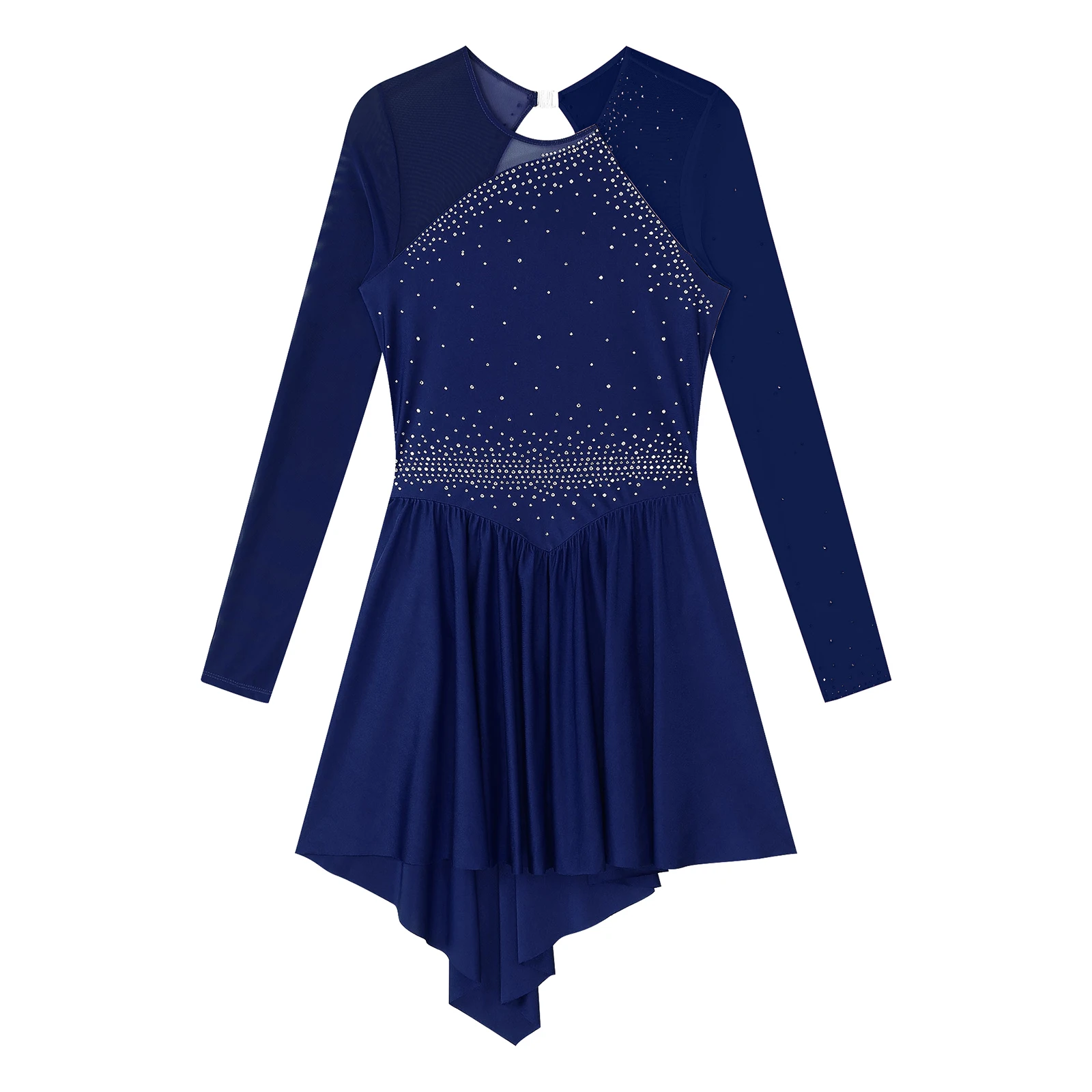 Women Long Sleeve Figure Skating Dress Lyrical Dance Ballet Gymnastics Dancewear Shiny Rhinestone Sheer Mesh Leotard Dresses