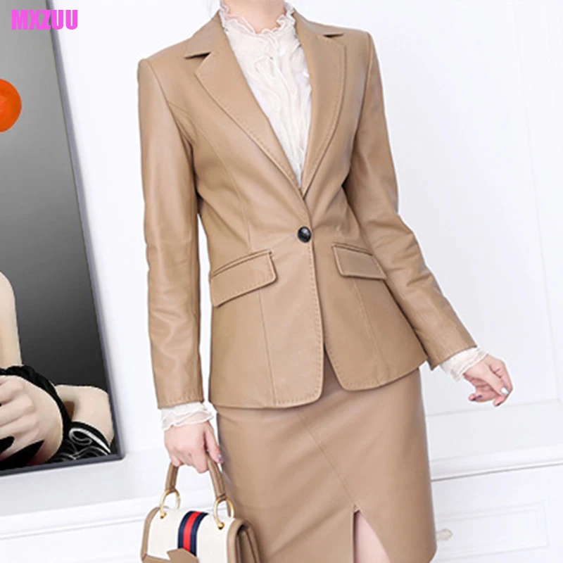 Real Leather Blazer Jackets for Women Spring Autumn Sheepskin Arch Needle Design One Button All-Match Slim Suit Casaco Feminino