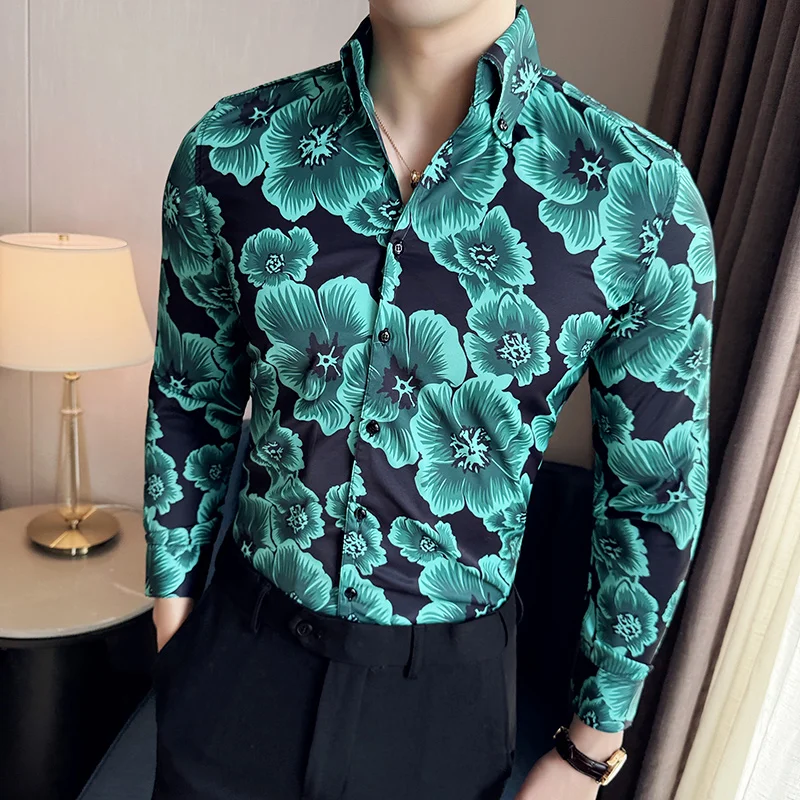 2024 Spring Flower Shirts Men Long Sleeved V-neck Casual Shirt Men Clothing Fashion Hawaiian Vacation Shirt Social Streetwear